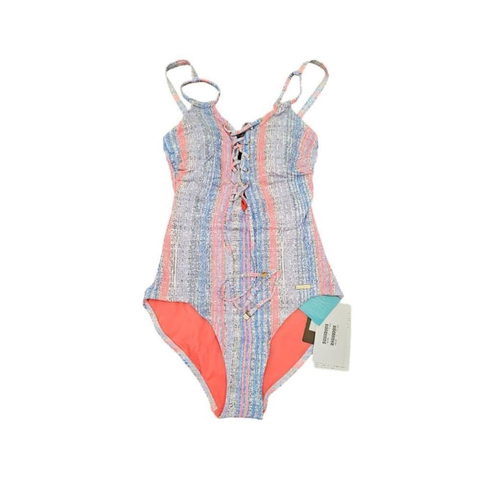 Sunseeker Blue and Pink Striped Lace Up One-Piece Swimsuit Size 4